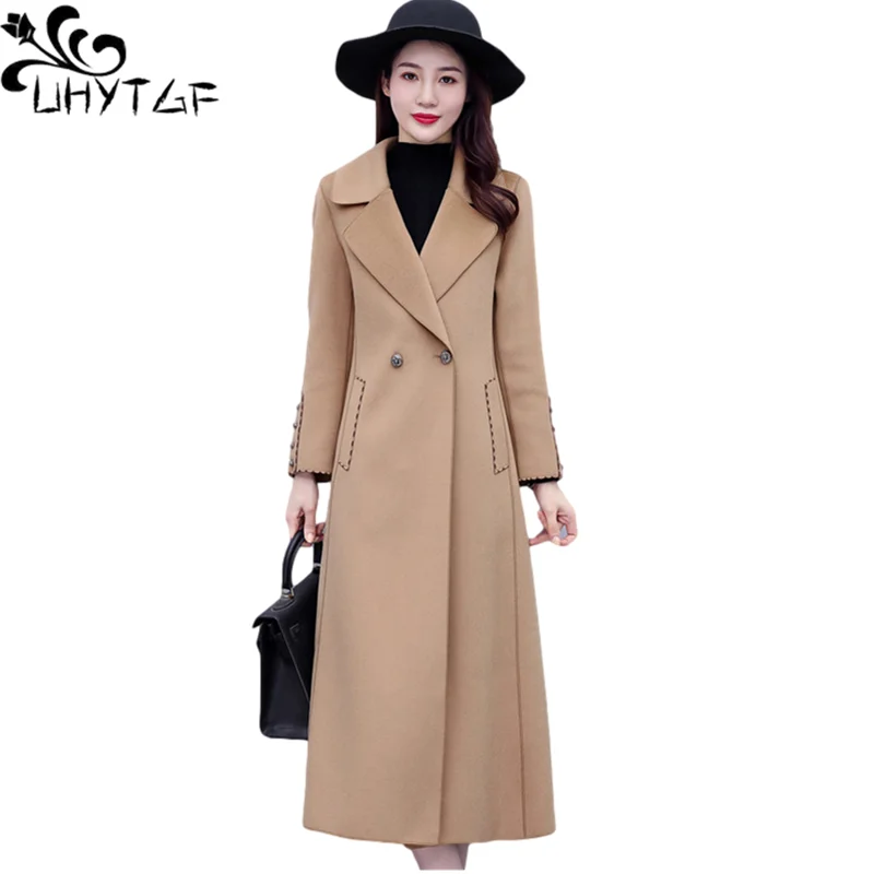 UHYTGF Genuine Double-Sided Pure Wool Winter Jacket Women Fashion Lapel Long Coat Female Korean Slim Elegant Tops Outerwear 1420