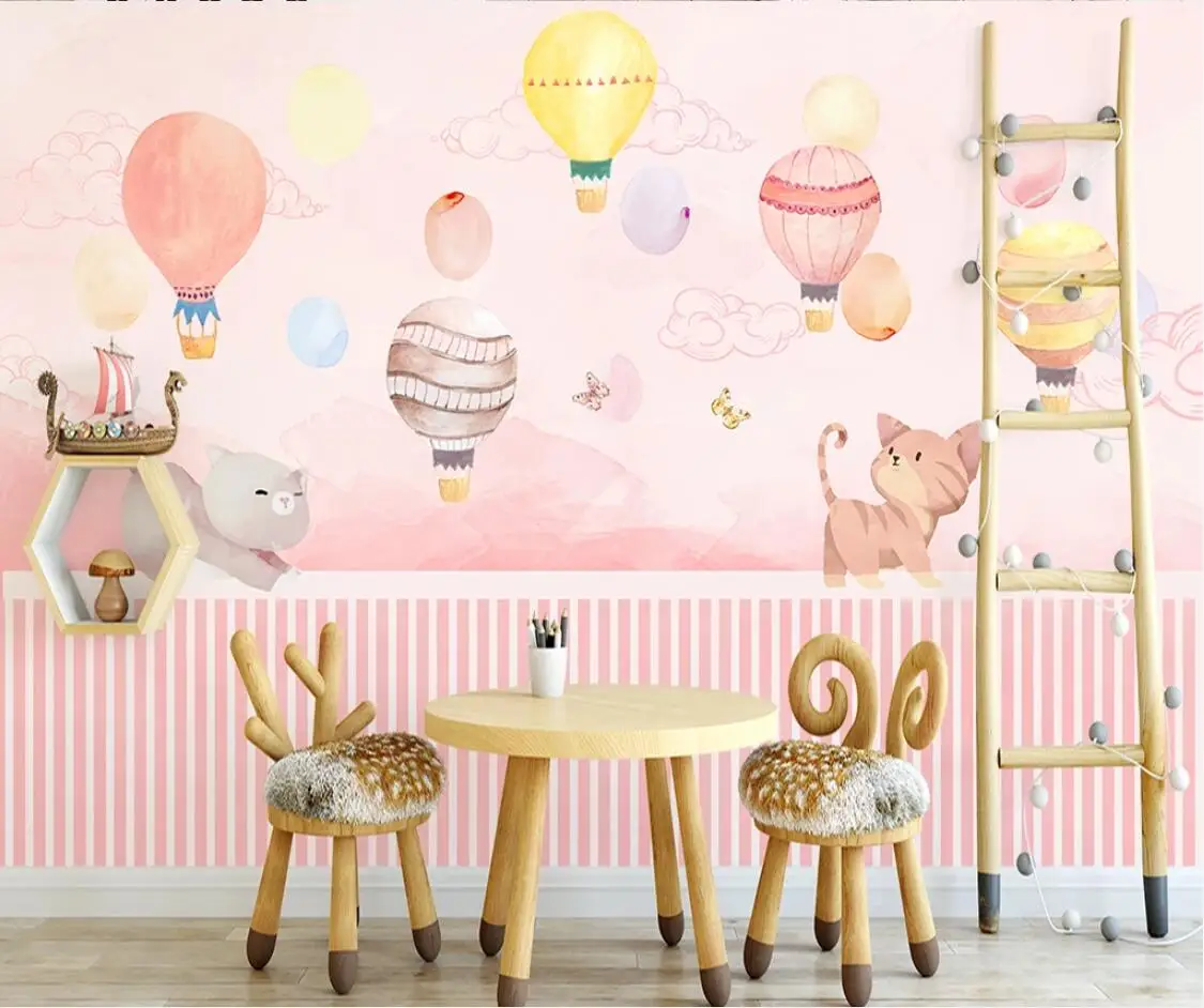 

Pink Hot Air Balloon Wall Mural for Kids Bedroom paper Large Photo Printed Papers Home Decor Papel De Parede Customize