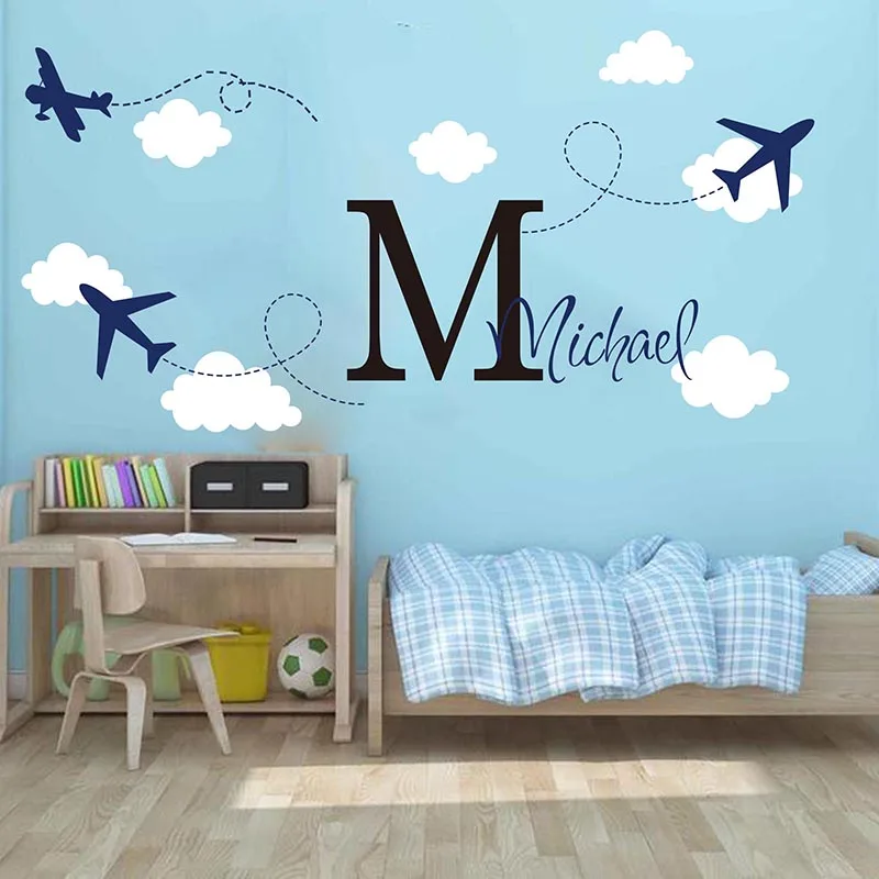 Large Custom Name Airplane Clouds Wall Sticker Boy Room Kids Room Personalized Name Plane Cloud Sky Wall Decal Bedroom Vinyl