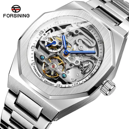 Imagen 1 del producto Forsining, relojes plateados a la moda para hombre, relojes de pulsera de lujo de marca superior, reloj de pulsera mecánico automático de acero inoxidable a la moda para negocios con esqueleto