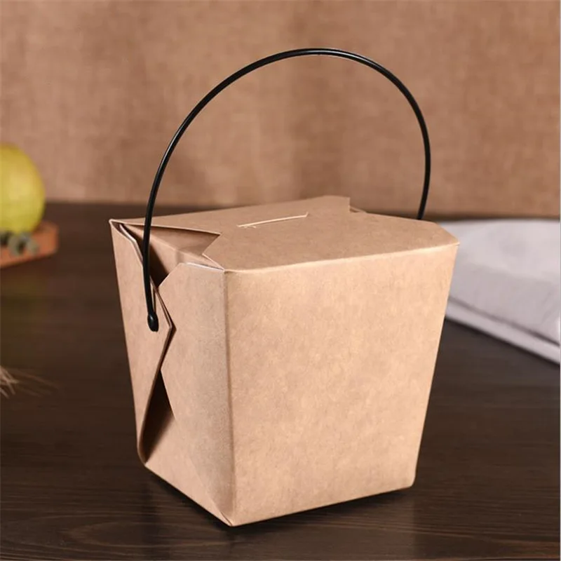 10x9x10cm Kraft Paper Box Lunch Snack Furit Salad Box Disposable Fast Food Takeaway Packaging Box With Black Plastic Handle 50pc