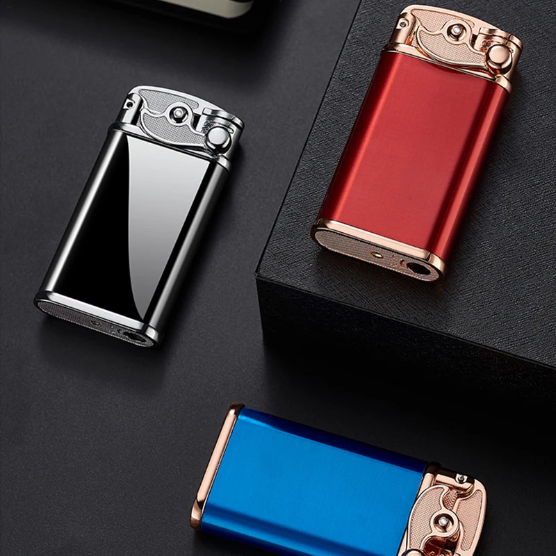Rocker Arm Butane Lighter without Gas, Creative Electronic, Windproof, Inflatable, Metal, Personality, Blue Flame