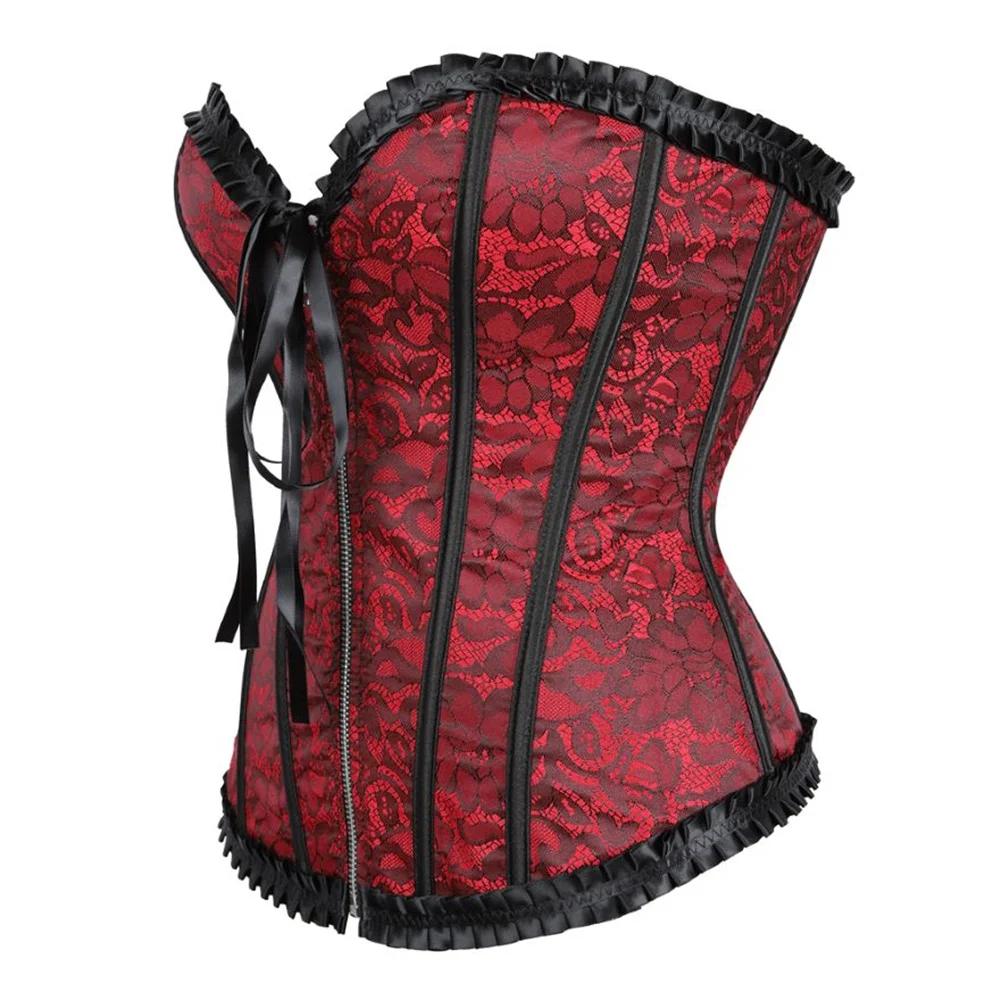 Gothic Corset Top Plus Size Women Bustier Overbust Sexy Lace up Zipper Floral Lingerie Vintage Victorian Fashion Red Purple