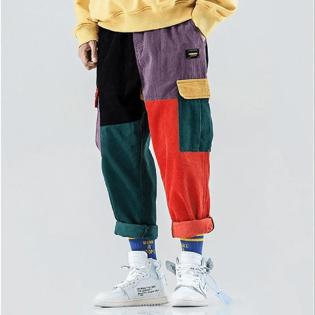 ATSUNSET  Color Stitching Cargo Pants Pocket Casual Streetwear Harajuku Sweatpants Male Hip Hop Trousers