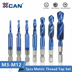 XCAN Combined Tap and Drill Hex Shank 7pcs M3/M4/M5/M6/M8/M10/M12 Metric Tap Drill Bit Screw Tap Hand Threading Tool