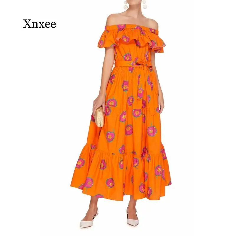 Orange Boho Dress Women Off Shoulder Dresses Ruffle Flower Print Summer Fashion A-Line Big Swing Long Dress Beach Female Clothes