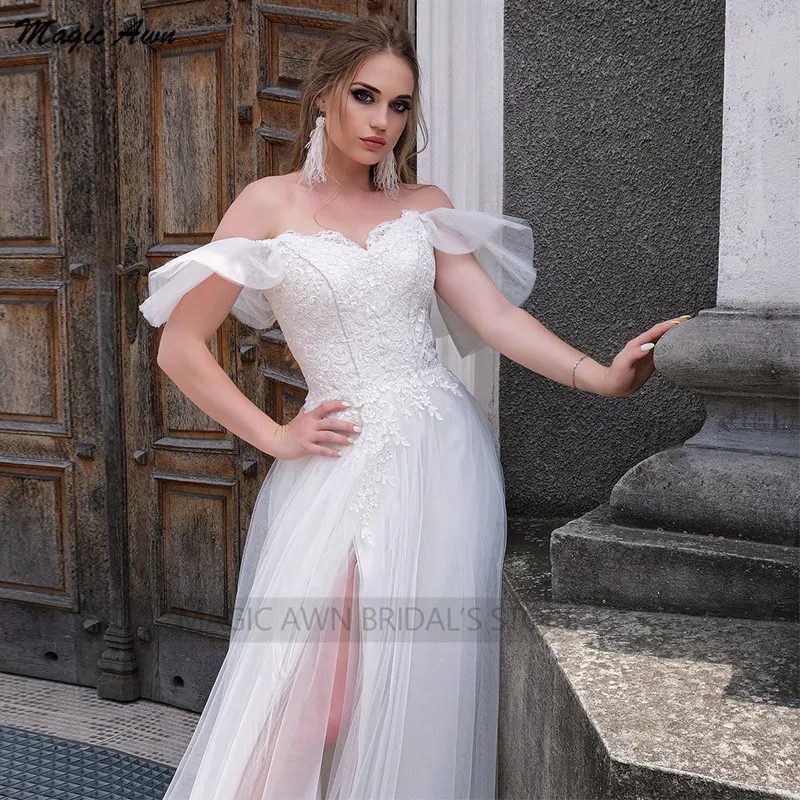 Magic Awn-vestidos de boda bohemios con hombros descubiertos para mujer, Apliques de encaje con Raja lateral, vestidos de fiesta de boda con cordones en la espalda, 2021