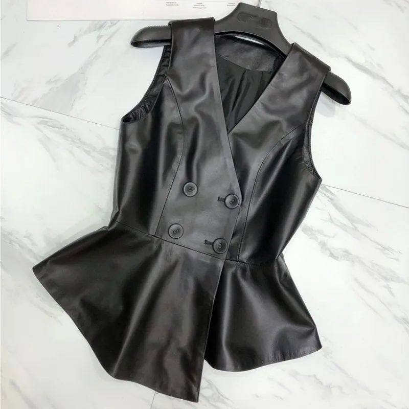 Designer OL 100% Genuine Leather Vest Women Slim Double Breasted Short Waistcoat V-Neck Party Lady Sheepskin Sleeveless Jacket