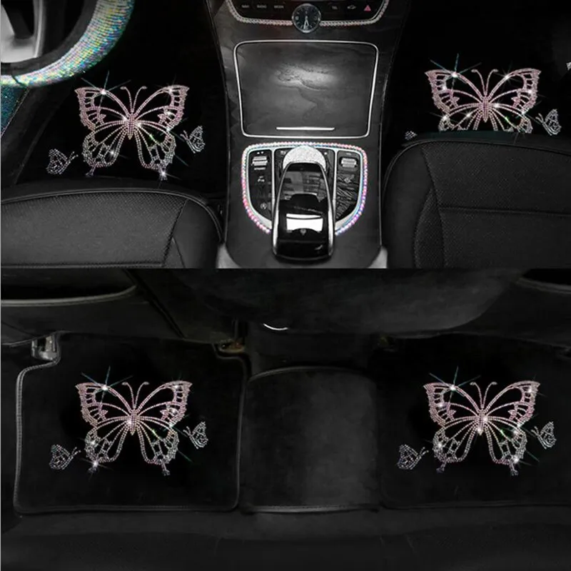 Creative Fashion Car Velvet Foot Pad Carpet Type Diamond Butterfly Universal Waterproof Female Car Interior Decoration Foot Pad