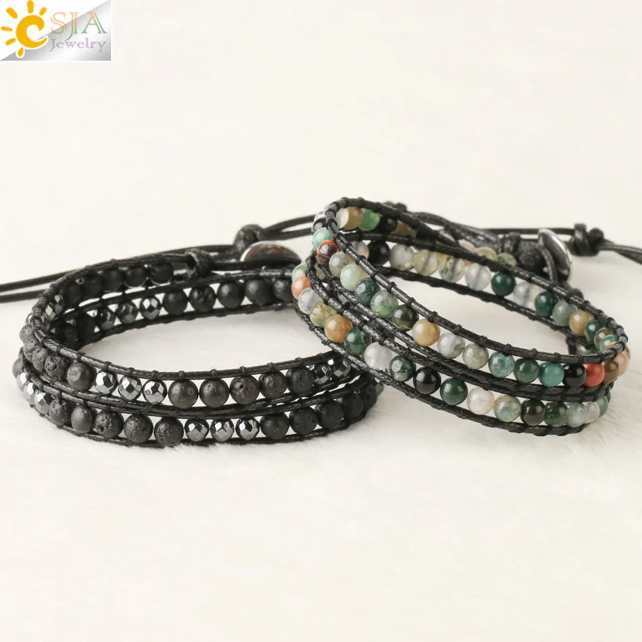 CSJA Multilayer Wrap Bracelets Natural Gem Stone Lava Onyx Beads 2 Strands Leather Bracelet Homme Boho Braided Jewelry S614