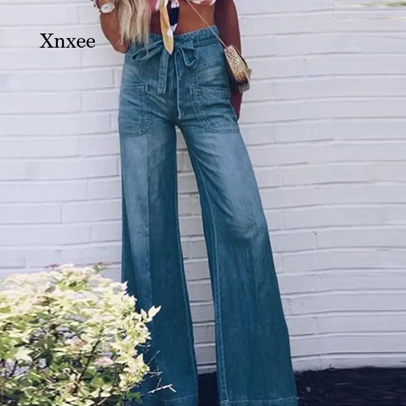 Spring and Autumn Women's Xl Jeans Women's Lace-Up Washed Wide Leg Pants Loose Cotton Casual Fashion Street Style