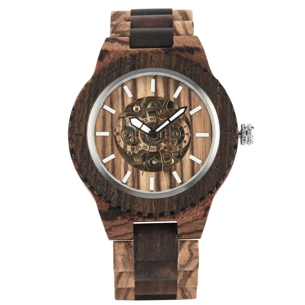 Men\'s Watch Hollow Out Automatic-self-winding Mechanical Watch Luminous Function Wood Strap Wristwatch