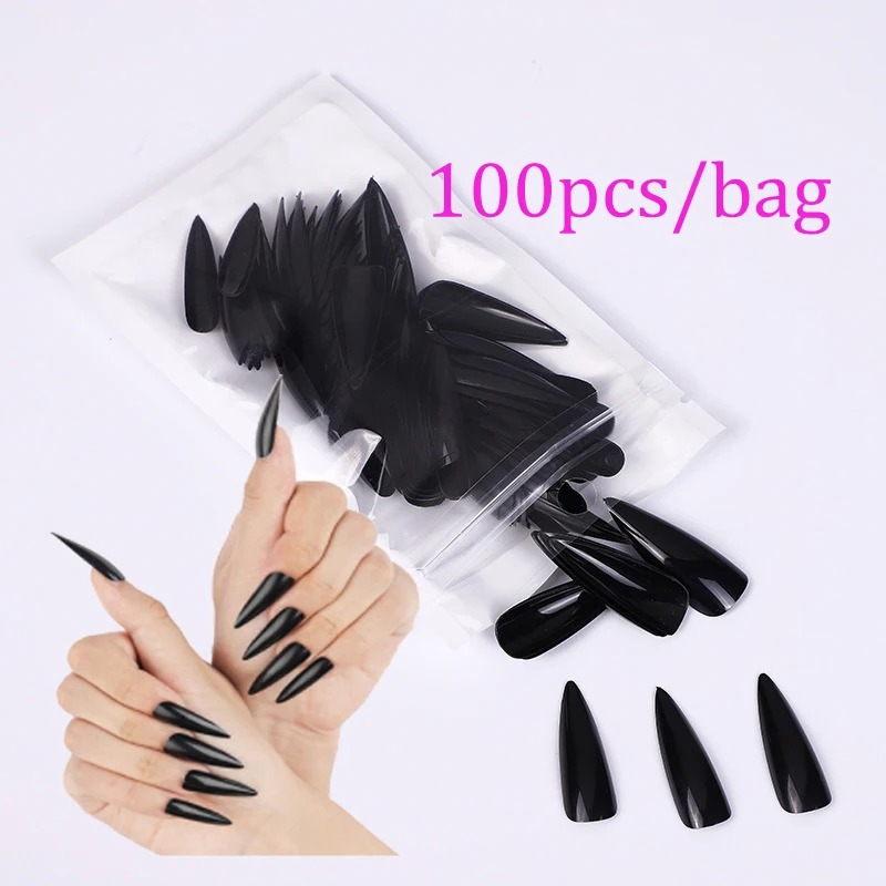 100pcs/Bag False Nail Tips Long Pointed Nails Black White Red Mixed Candy Color Fake Nails 14 Colors to Choose