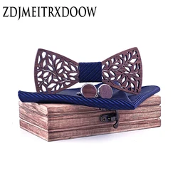 Paisley Wooden Bow Tie Handkerchief Set Men's Navy Blue Bowtie Wood Hollow carved Floral design And Box Fashion Novelty ties