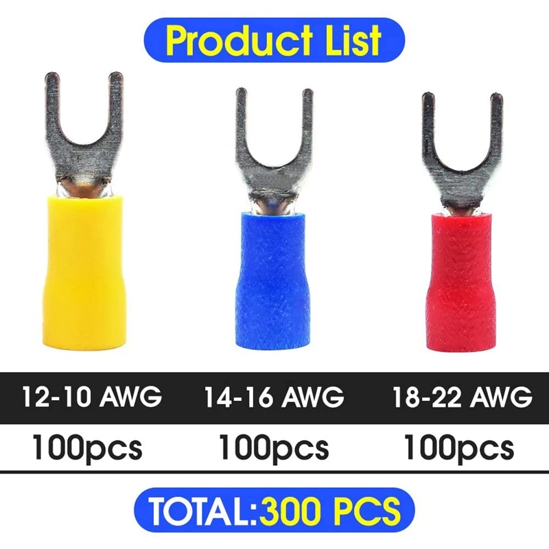 300 Pcs 22-16 16-14 12-10 AWG Insulated Fork Spade U-Type Wire Connector Electrical Crimp Terminal