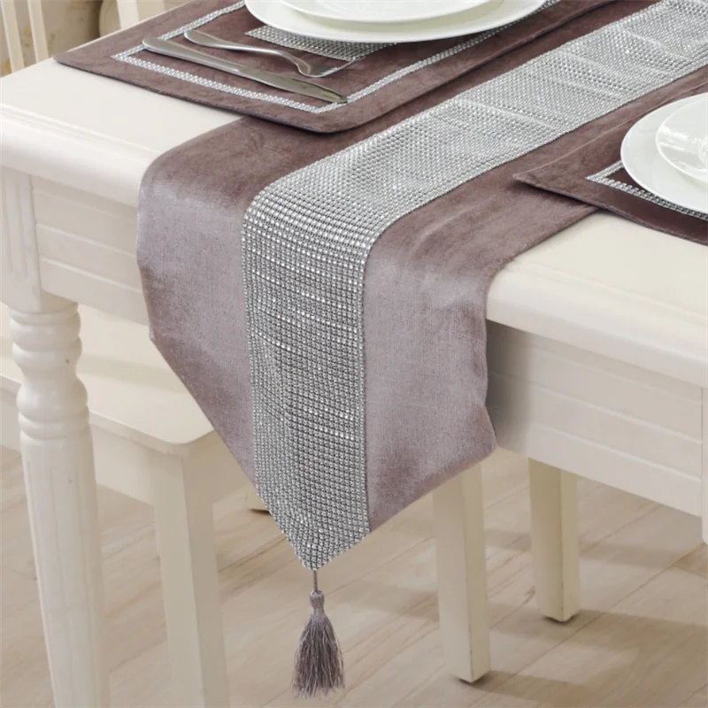 Light Luxury Diamond Tassel Table Runner Modern European Style Coffee Table Mat Solid  Flannel Hotel Banquet Dining Room Decora