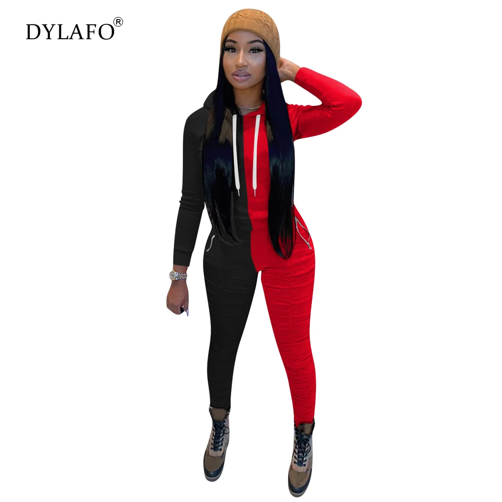 Splicing Two Piece Set Fall Clothes for Women Tracksuit Long Sleeve Hoodies Stacked Pant Suits Lounge Wear Outfits Matching Sets