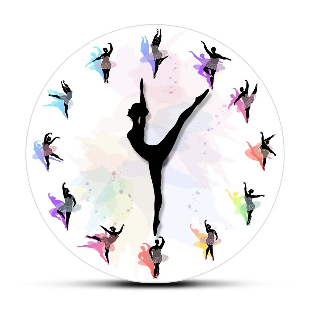 Dancing Ballerina Overweight Lady Colorful Printed Wall Clock Gymnast Girl Moving Arrow Elegant Wall Watch For Dancer Girls Room