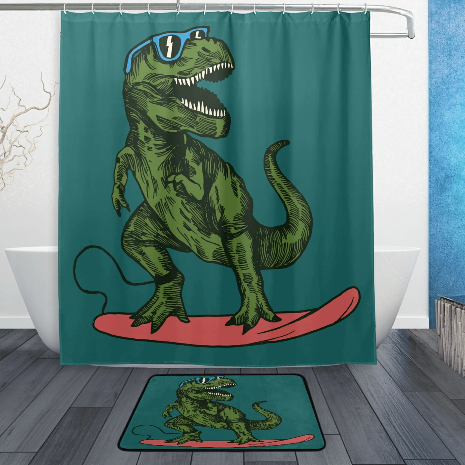 Cartoon Dinosaur Pattern Polyester Fabric Waterproof Shower Curtain Non-Slip Bath Mat Carpet 2 Pieces Set Bathroom Decoration