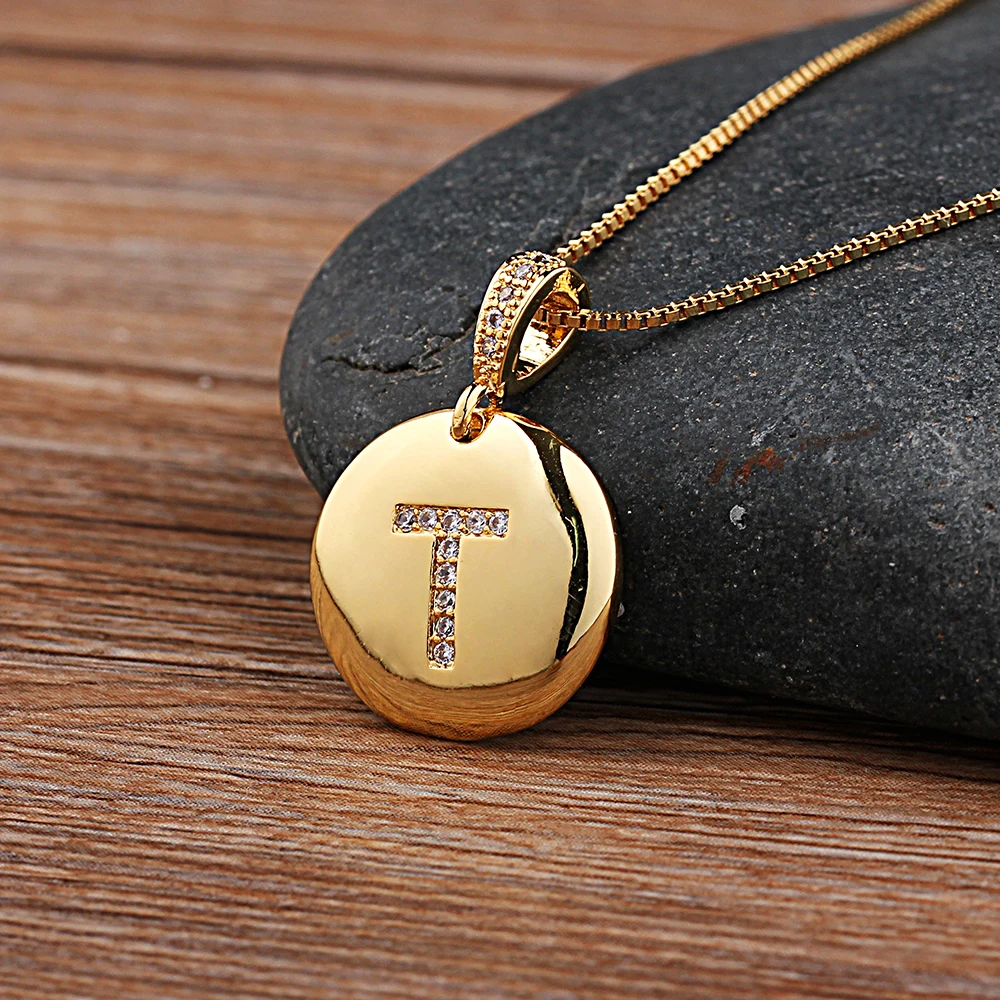 Fashion 26 Letters Pendant Necklace For Woman Girls Cute Gold Color Copper Zircon Round Necklace Fine Party Wedding Jewelry