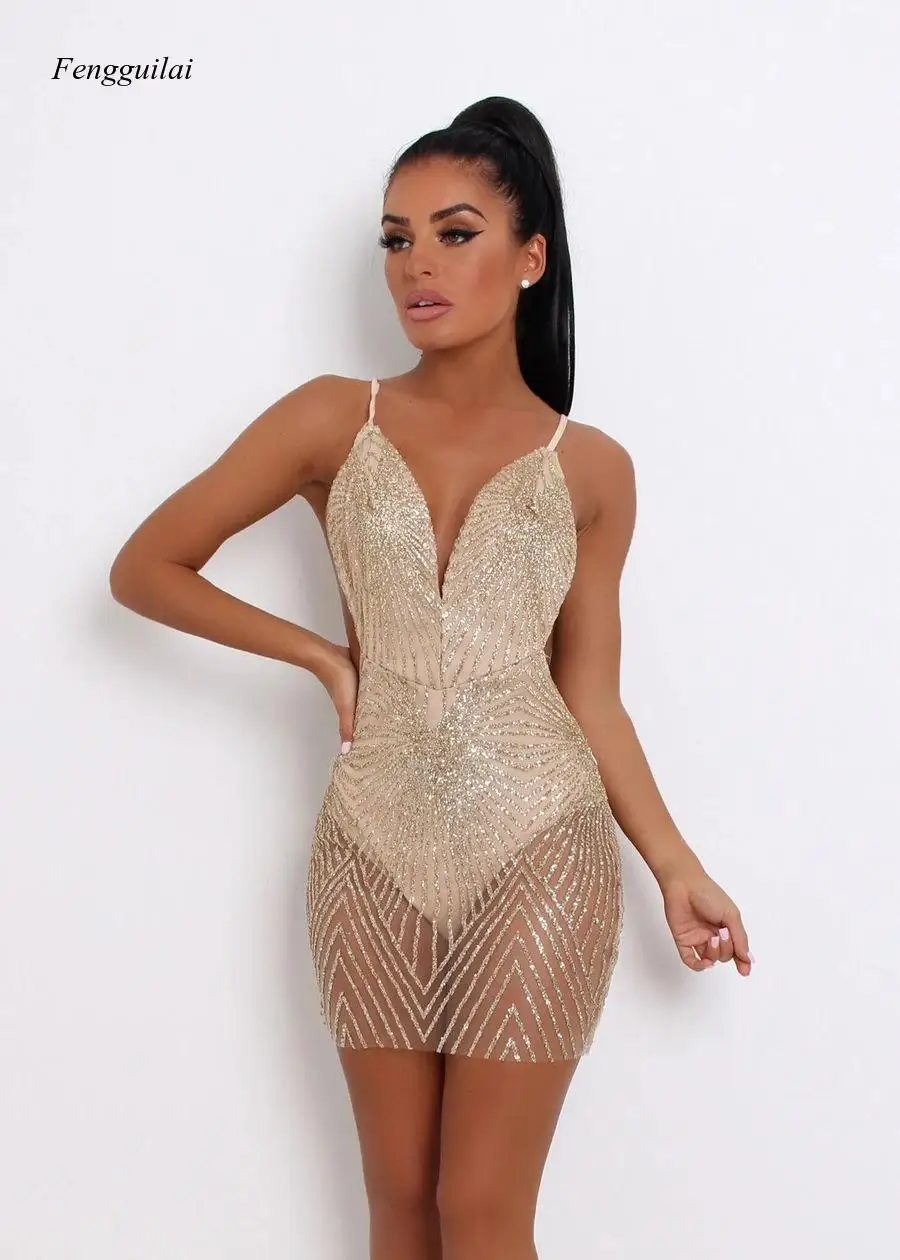 2020 New Hot Selling New Nightclub Perspective Sexy Sling V Neck Open Back Gold Dress