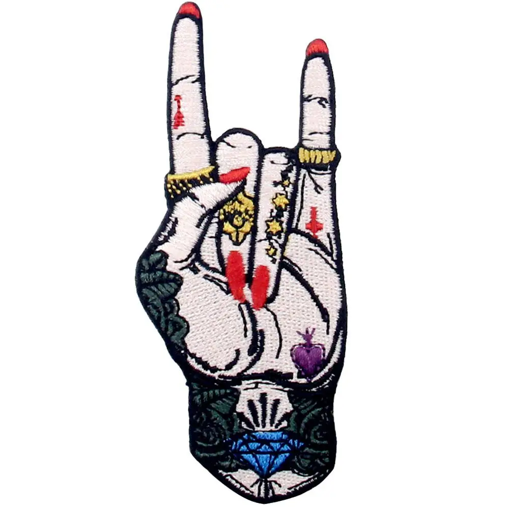 Embird patches Embroidered appliques Rock and Roll Tattoo Hand Symbol Finger Sign handmade patches for backpacks iron on patch