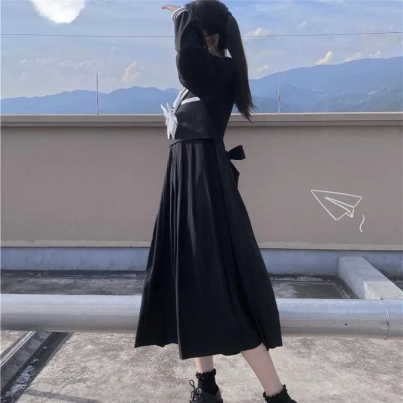 Japanese Style Genuine Jk School Uniform for Ladies Summer Black Long Sleeve Navy Neck Bow Uniform Suits Fashion Folds Dresses