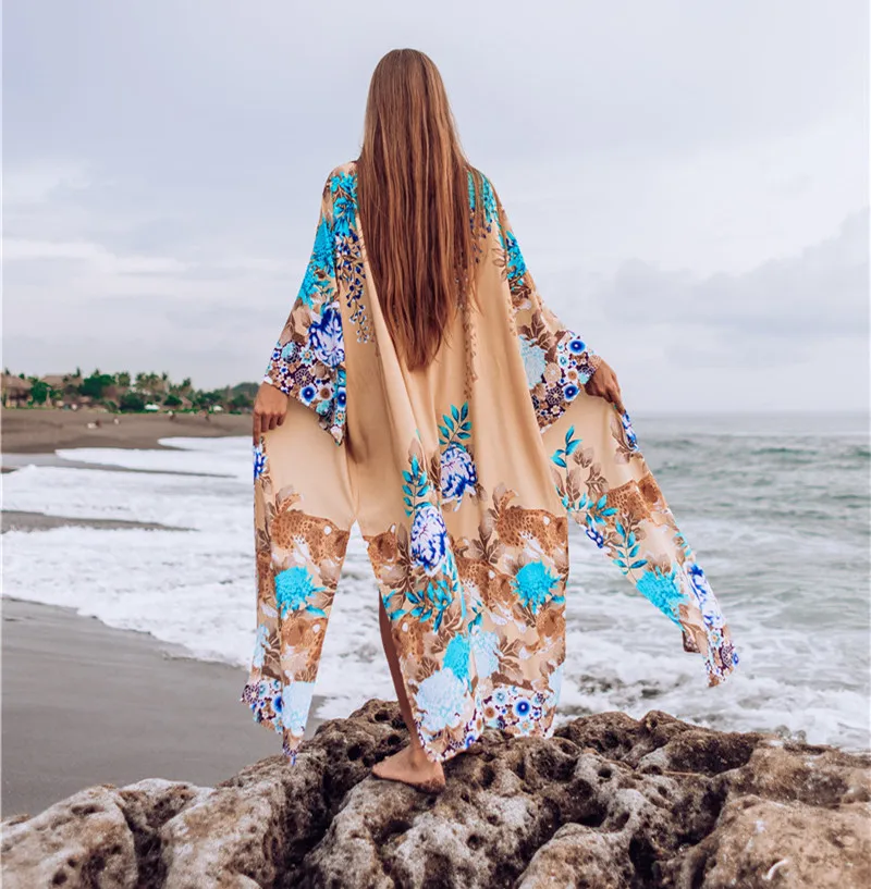 بيكيني يغطي المنبثقة البوهيمي طباعة مربوط الصيف فستان شاطئ المرأة ملابس الشاطئ لباس سباحة التستر رداء دي بلاج