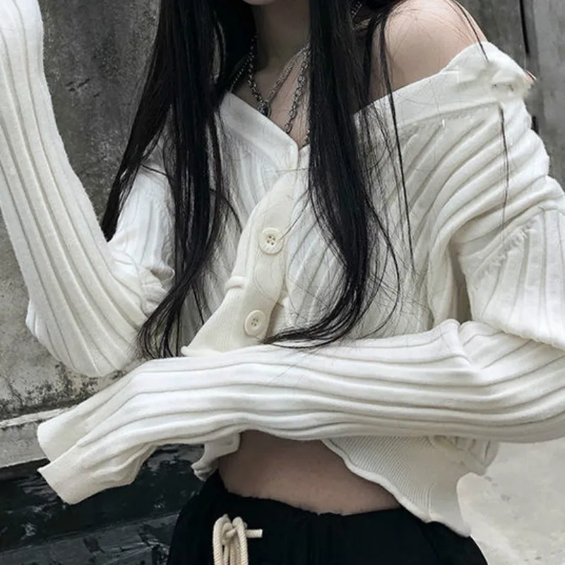 Cardigan Women Chic Slim Soft Street Wear Single Breasted White Sweater Ladies Trendy Solid Leisure Hip Hop Stretchy  Ins