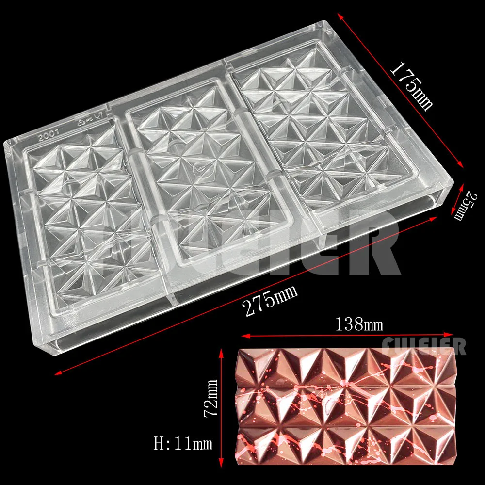 3 Cavity Diamond Shape Polycarbonate Chocolate Bar Mold, 82g Block Candy Bar Baking Mould Cake Decoration Confectionery Tools