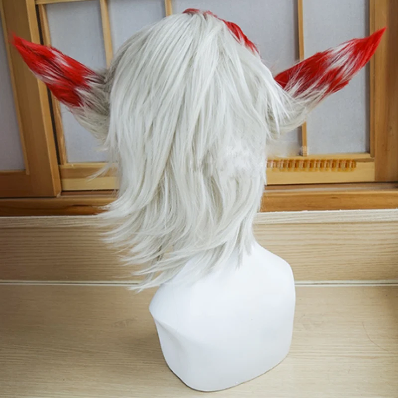 LOL RAKAN Men\'s Silver Mix Red Cosplay Full Wig Heat Resistant Cosplay Costume Wigs + 2 Ears + Wig Cap