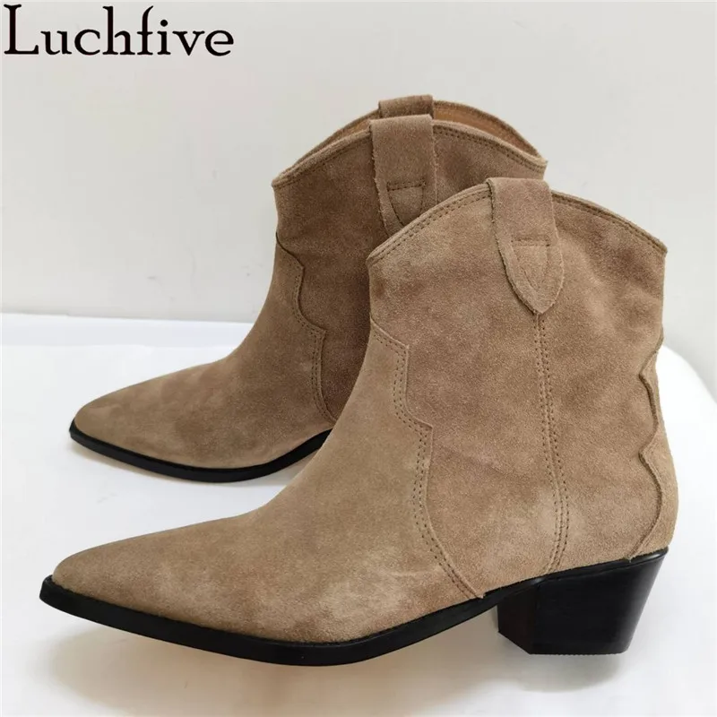 Classic Chelsea Women Ankle Boots Suede Leather pointy toe chunky heel Ankle Boots Simple Comfortable Runway Cowboy Boots female