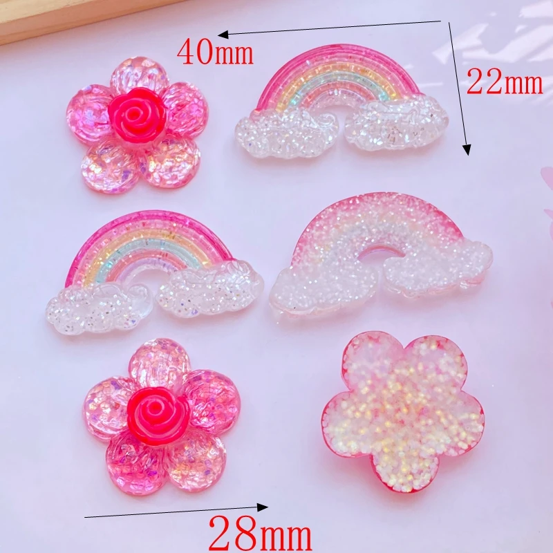 10Pcs New Cute Mixed Shining Rainbow / Flower Flat back Resin Cabochons Scrapbooking DIY Jewelry Craft Decoration Accessorie