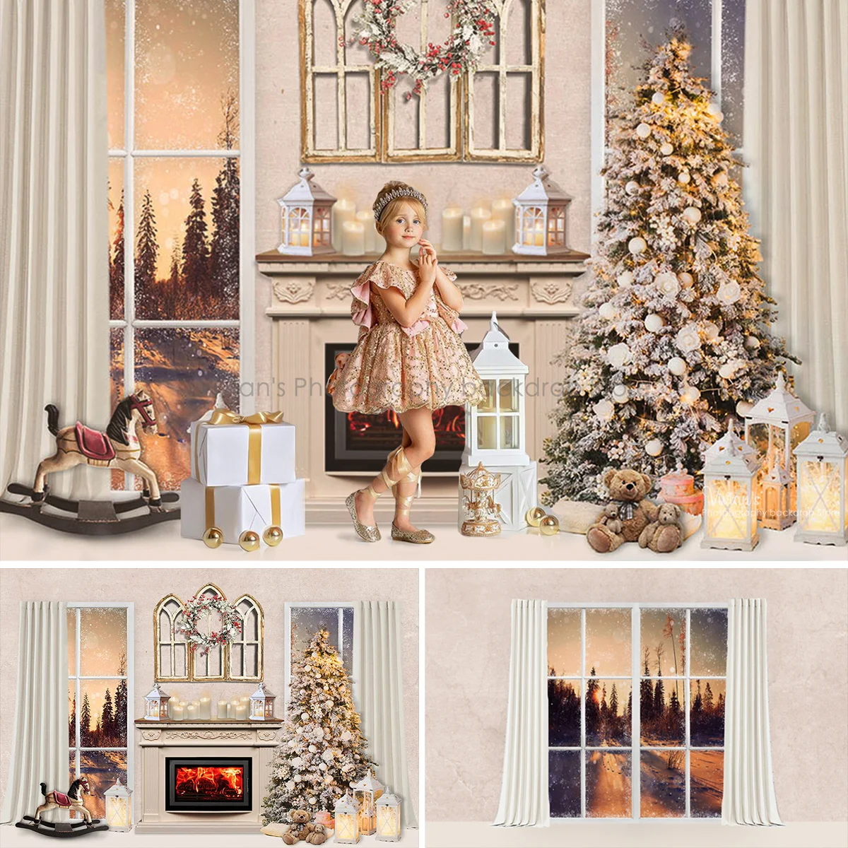 Christmas Fireplace Backdrop Kids Family Photocall Winter Sunset Wooden Window Props Wreath Child Baby Photostudio Background