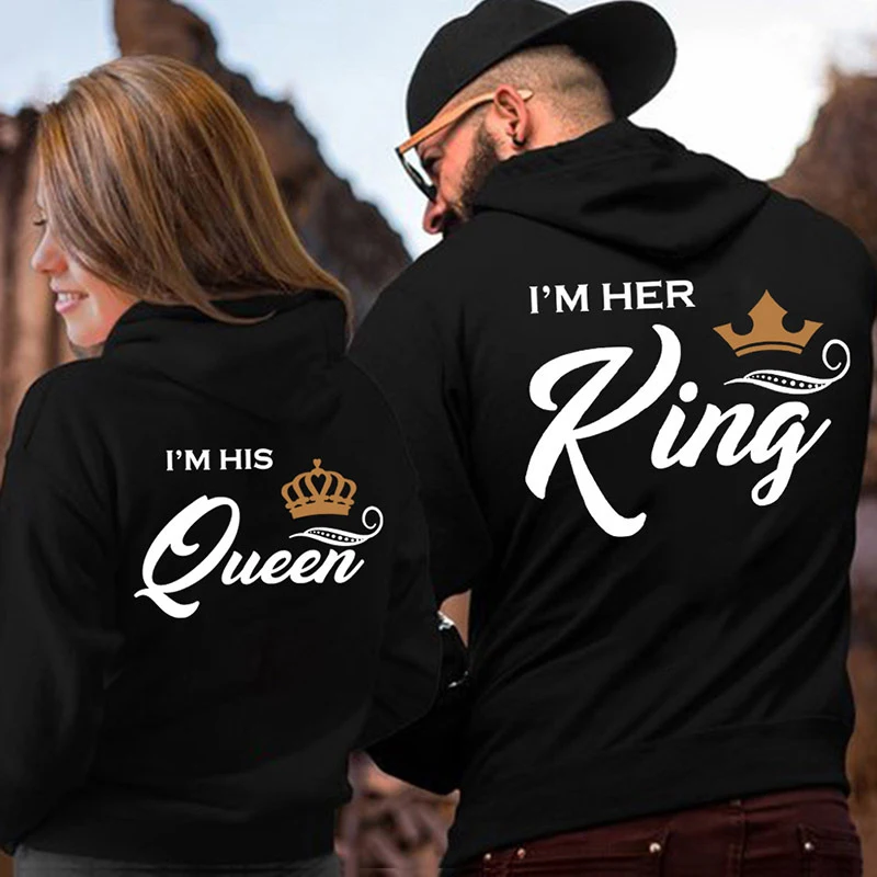

Women Hoodies Cute Hoody Her King His Queen Couple Hooded Print Sweatshirt Casual Letter Long Sleeve Winter