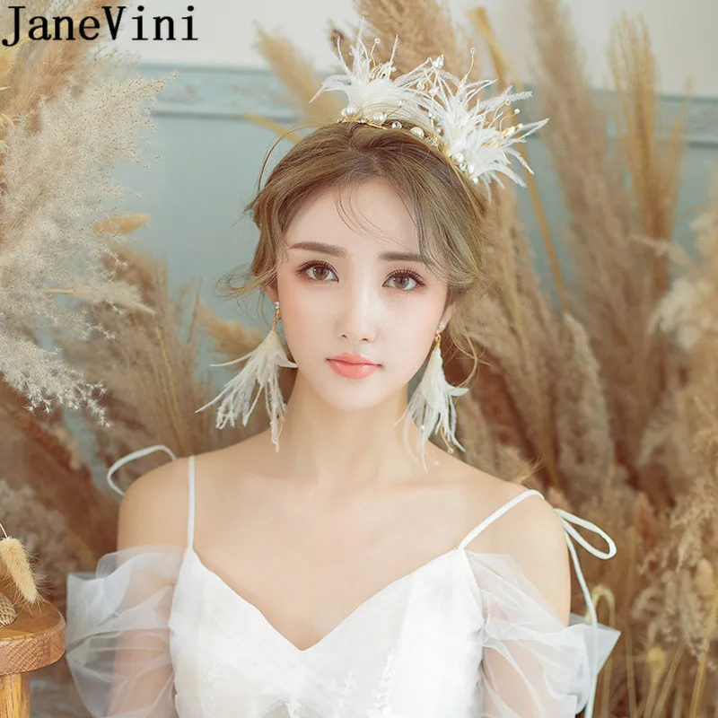 JaneVini-corona redonda de plumas blancas para novia, Tiaras DE BODA coreanas, coronas con pendientes, accesorios para el cabello de princesa con cuentas para fiesta