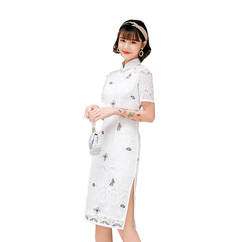 2023 Lace Cheongsam Slim Young Girl Fashion Student Catwalk Dresses Improved Mid-Length Cheongsam Dress Modern Qipao Dress