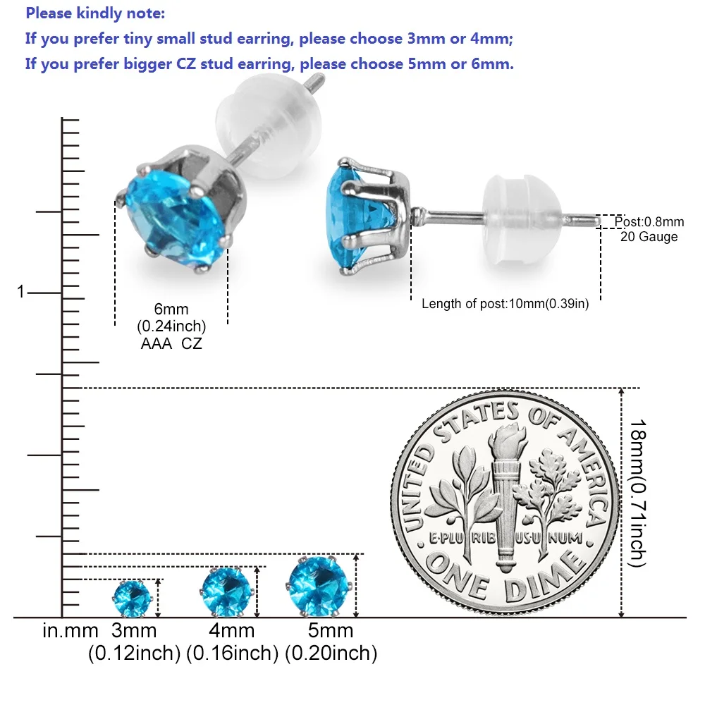 12 Pairs 316L Stainless Surgical Steel Stud Earring Sets Cubic Zirconia Birthstone CZ Stud Earrings for Women Girls 3 4 5 6mm