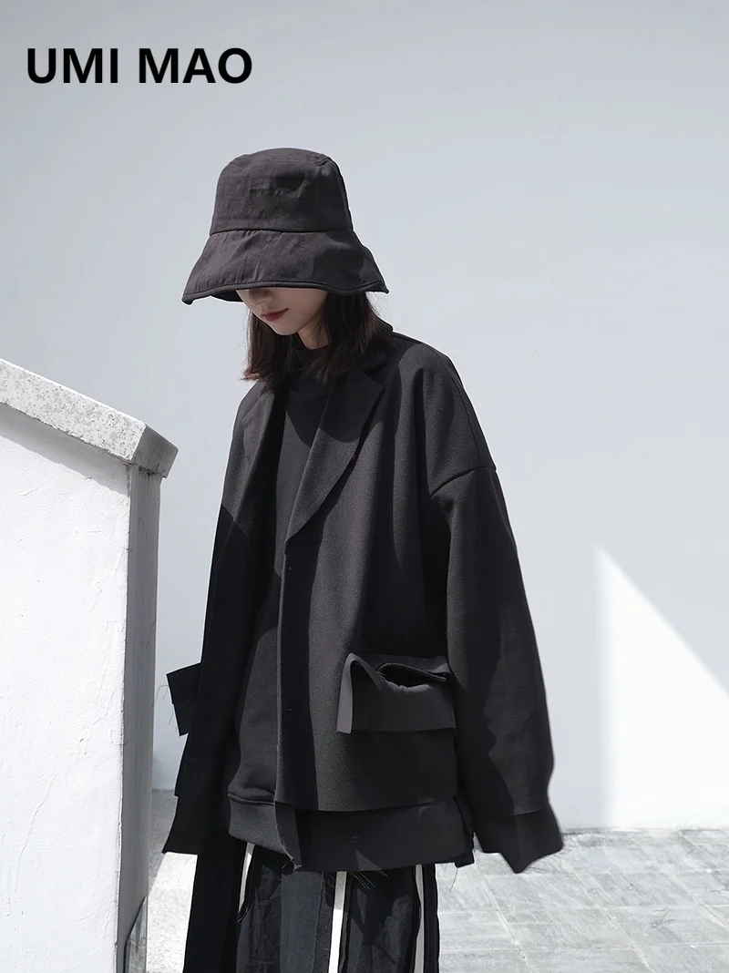 UMI MAO Yamamoto Dark Black Japanese Niche Cutting Raw Edge Stitching Woolen Blazers Woolen Jacket Women