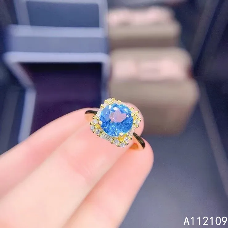 

Fine Jewelry 925 Sterling Silver Inset With Natural Gemstone Women Trendy Vintage Round Blue Topaz Adjustable Ring Support Detet