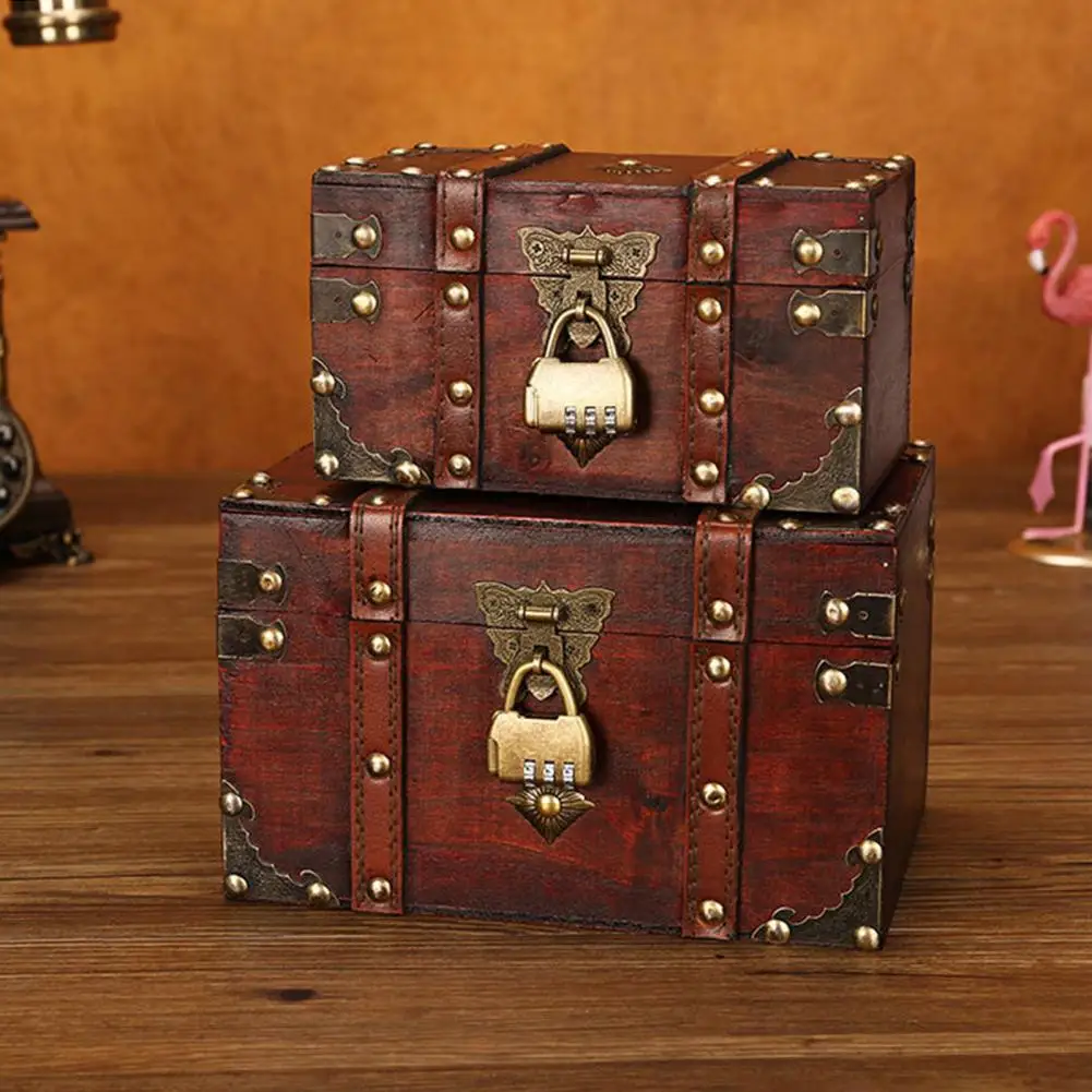 Fashion Retro Wooden Chest with  Antique Copper-colored Lock Treasure Chest Covered Design Dustproof Wooden Sundries Organizer