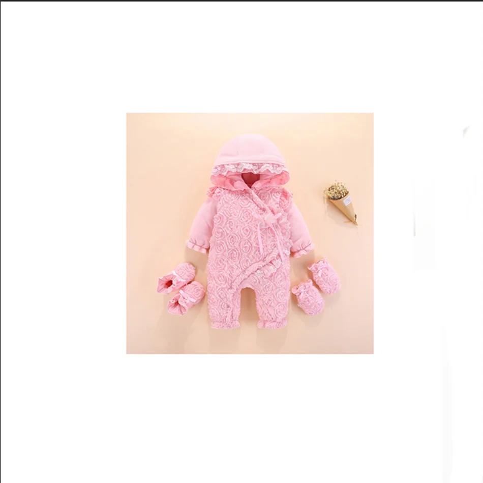 Baby Hooddied Jumpsuit 0 3 6 9 Months Infant Romper Newborn Baby Girl Clothes Fall Cotton Lace Princess Style Socks Headband rop