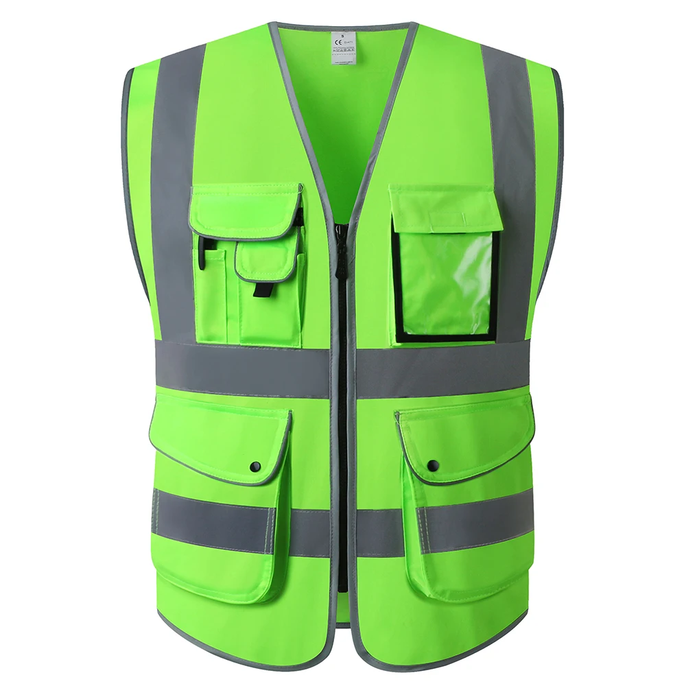 

Reflective Safety Vest With Pockest for Men Green Color Safety Vest with Pockets High Visibility Stripes Zipper Front Closure