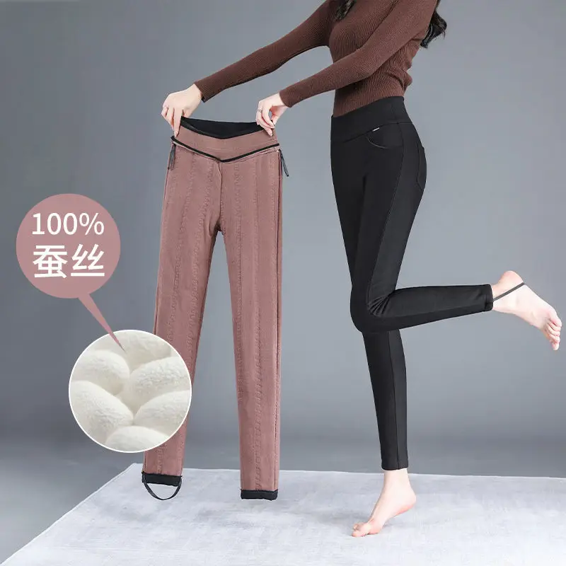 Winter Thicken Warm Women\'s Pants Skinny Silk Cotton Velvet Leggings Pant 2022 New Female Straight Trousers Black Long Pants