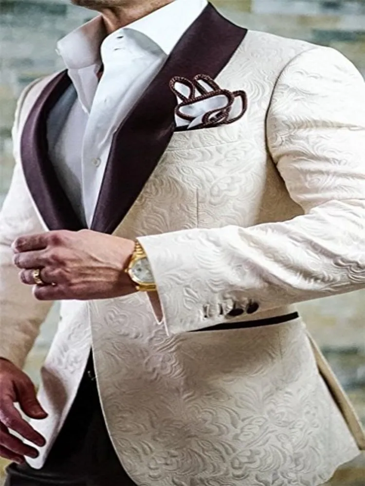 Groomsmen Beige and Coffee Groom Tuxedos Shawl Satin Lapel Men Suits Wedding 3 Pieces ( Jacket+Pants+Tie ) C265