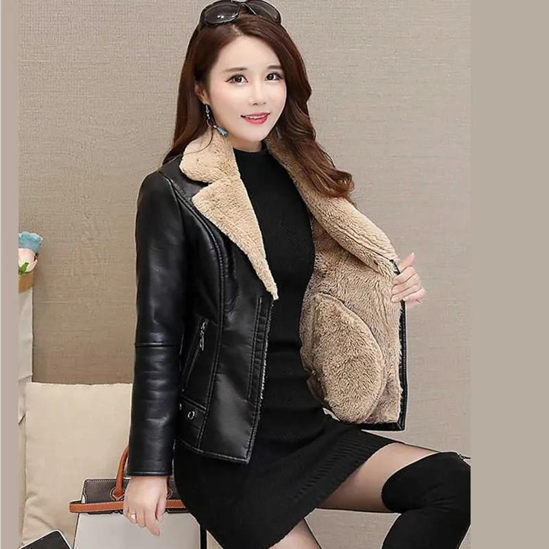 UHYTGF Winter Leather Jacket Women Fashion Fleece PU Leather Short Coat Korean Wild Thick Slim Warm Leather Jacket Female 3XL208