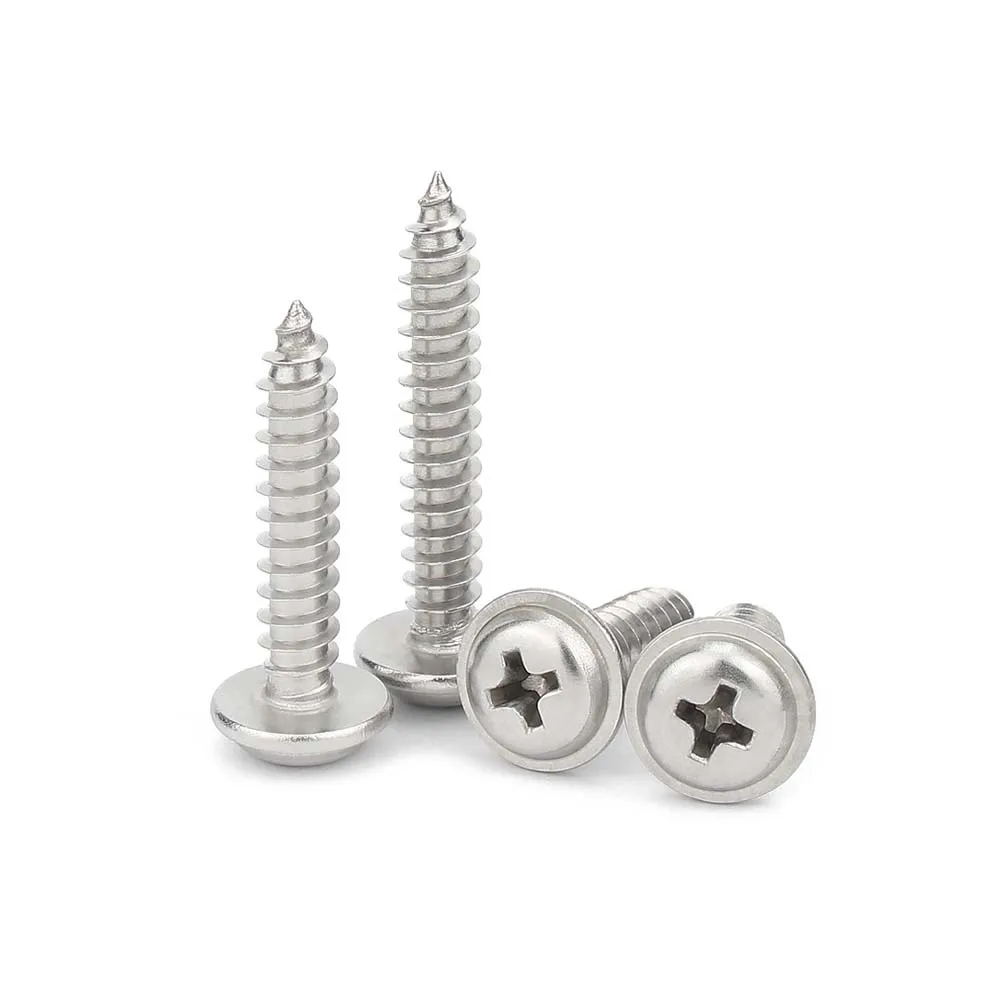 50ps M1.4 M1.7 M2 M2.6 M3 M4 304 Stainless Steel Cross Phillips Pan Round Head With Washer Collar Self Tapping Wood Screw DIN968