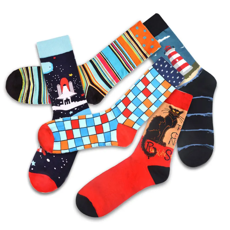 1 Pair Harajuku Style Socks Men Funny Cartoon Cat Shark Avocado Printed Happy Socks New Spring Combed Cotton Calcetines
