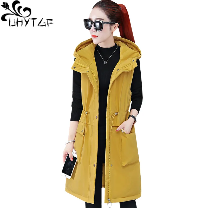 

UHYTGF Autumn Winter Vest Jacket Women Hooded Down jacket Casual Female Warm Parker Coat Korean Loose Big size Waistcoat 1298