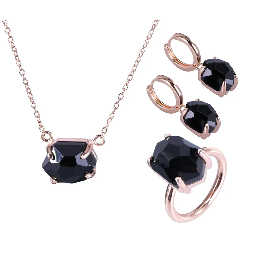 Kayfany  New Irregular Wedding Necklace-Earrings-Ring Black Crystal Rose Gold Plated Jewelry Set Women Girlfriends Gift